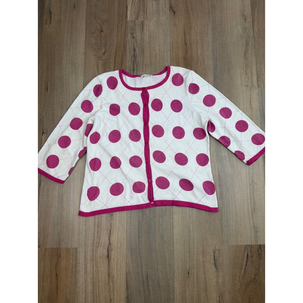 Christopher & Banks Pink Polka Dot Argyle Cardigan 100% Cotton Large Vintage